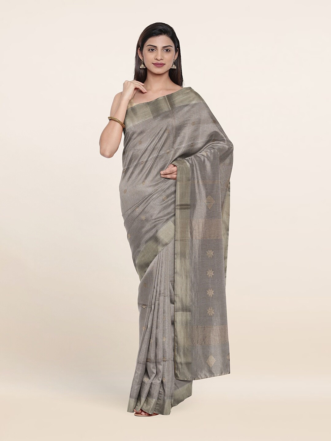 

Pothys Grey & Silver-Toned Woven Design Zari Silk Cotton Saree