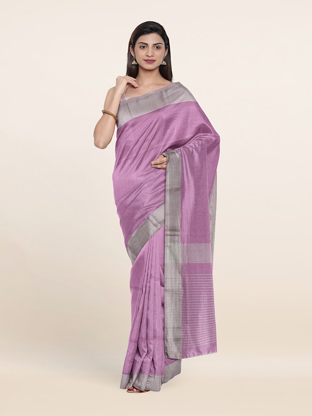 

Pothys Lavender & Silver-Toned Zari Silk Cotton Saree