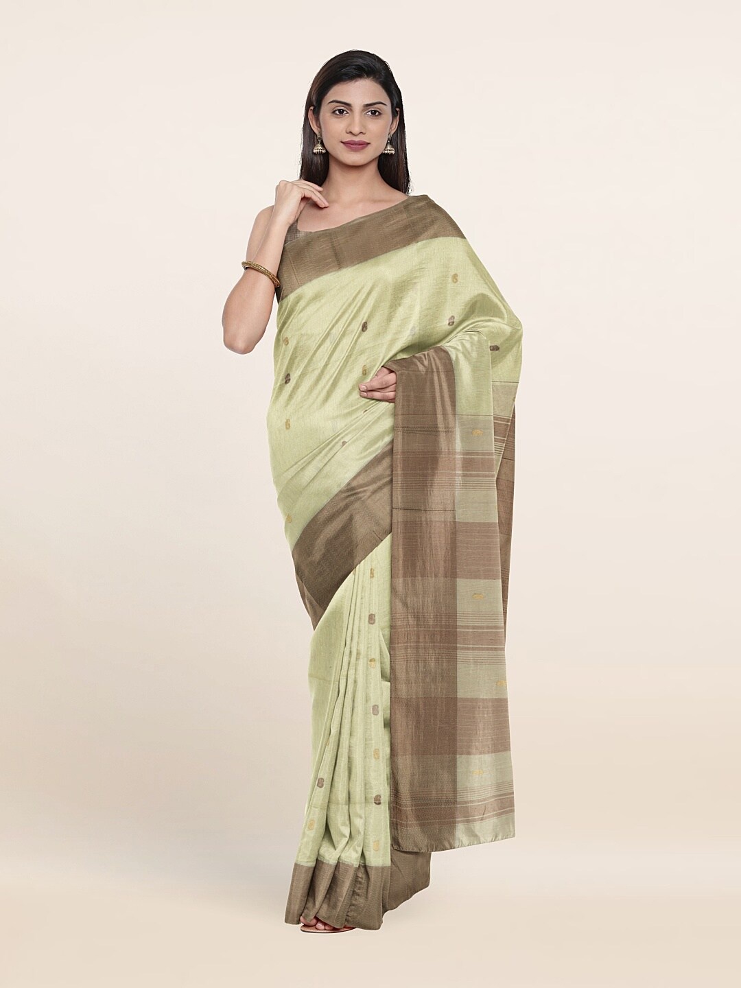 

Pothys Cream-Coloured & Brown Woven Design Zari Silk Cotton Saree