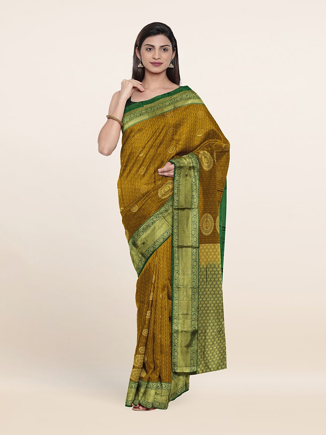 

Pothys Green & Gold-Toned Woven Design Zari Pure Silk Saree