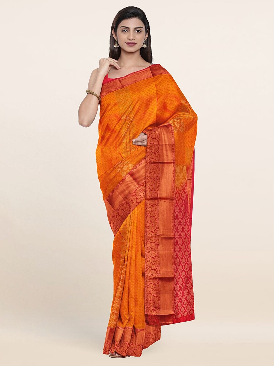 

Pothys Orange & Pink Woven Design Zari Pure Silk Saree