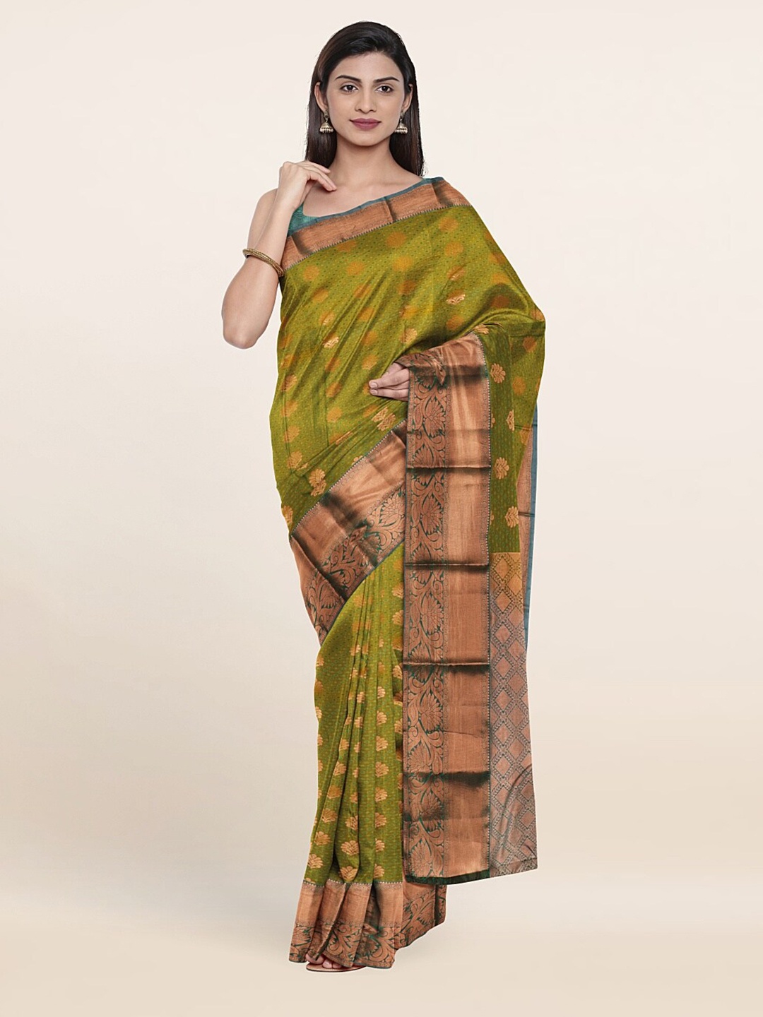 

Pothys Green & Copper-Toned Woven Design Zari Pure Silk Saree
