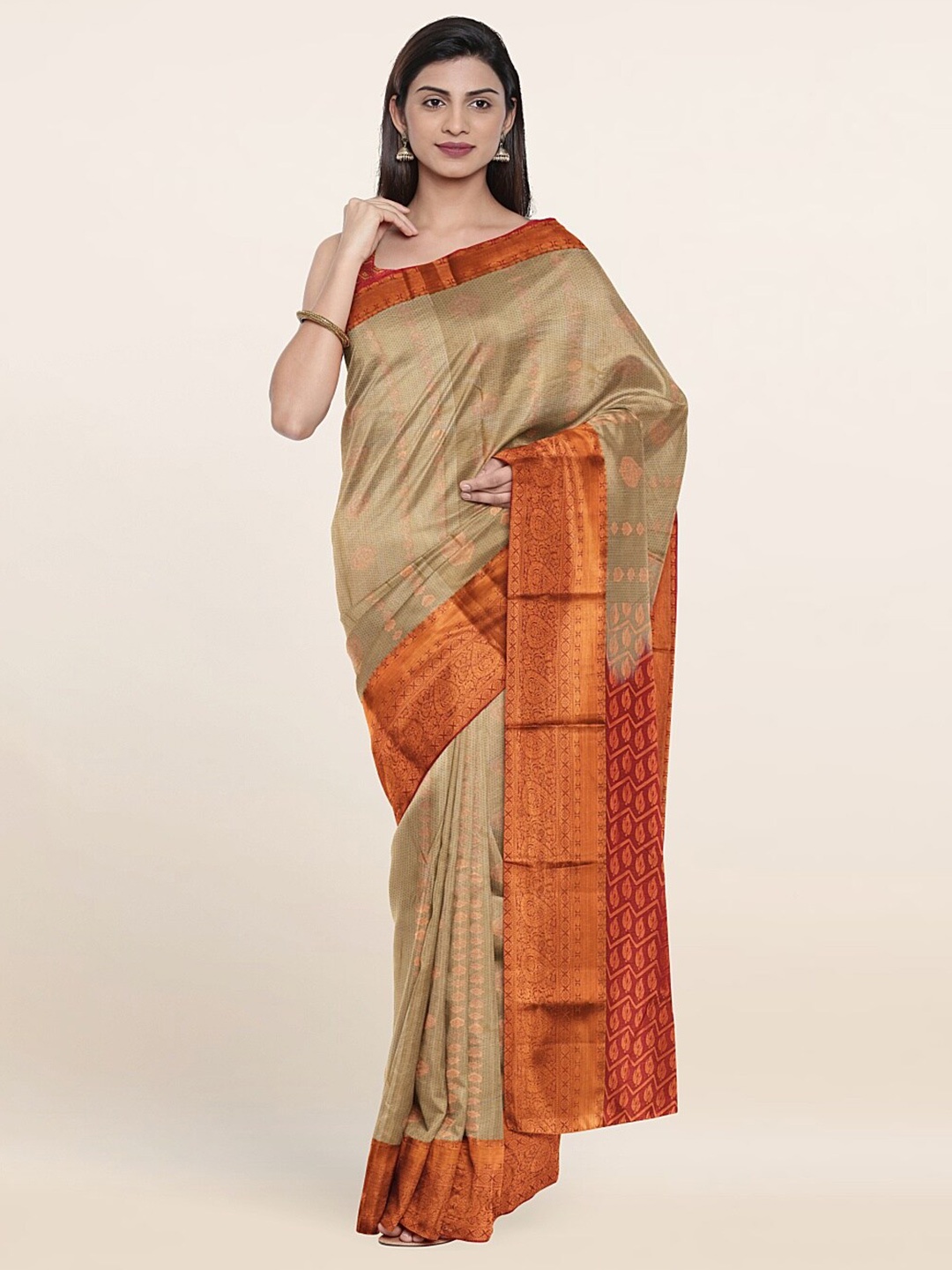 

Pothys Cream-Coloured & Red Woven Design Zari Pure Silk Saree