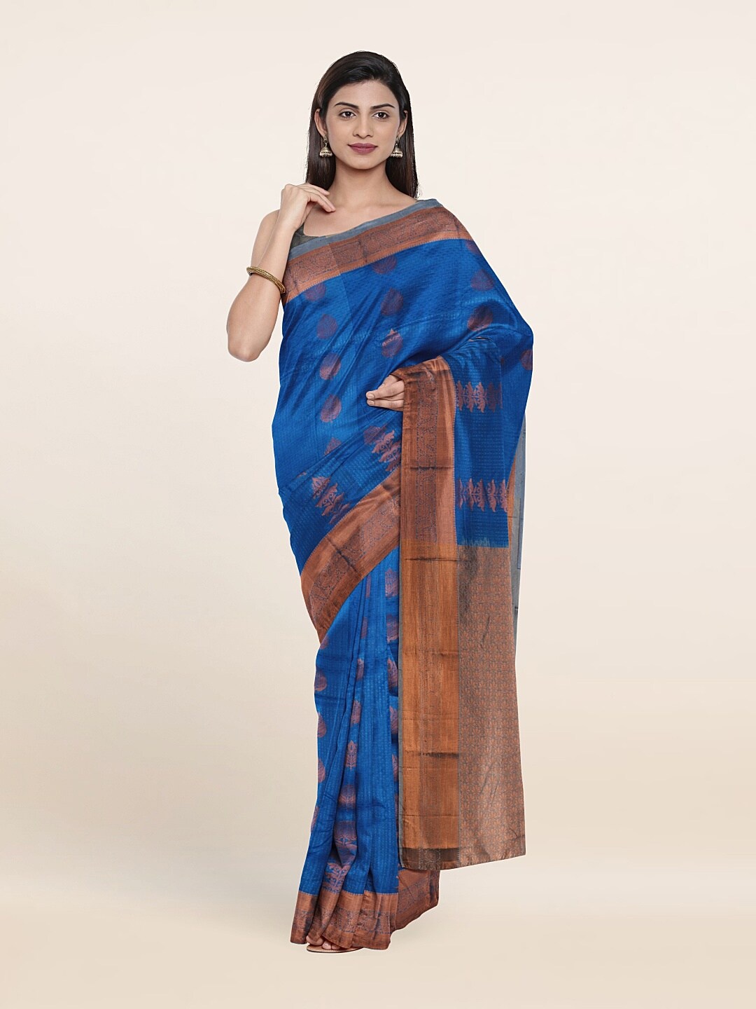 

Pothys Blue & Gold-Toned Woven Design Zari Pure Silk Saree