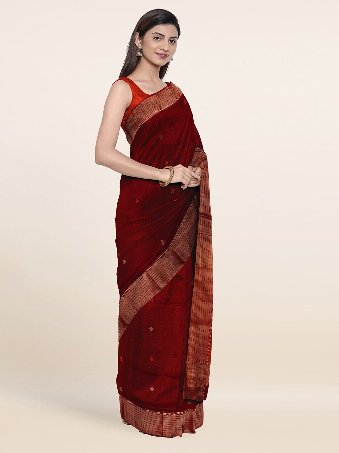 

Pothys Maroon & Orange Woven Design Zari Silk Cotton Saree