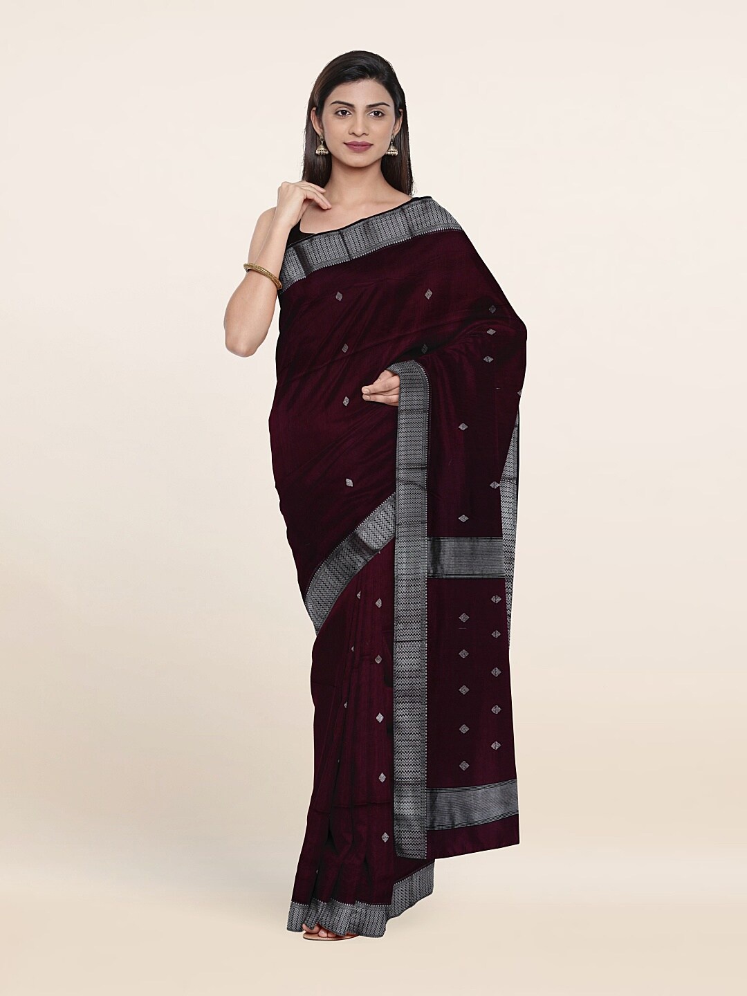 

Pothys Purple & Silver-Toned Woven Design Zari Silk Cotton Saree