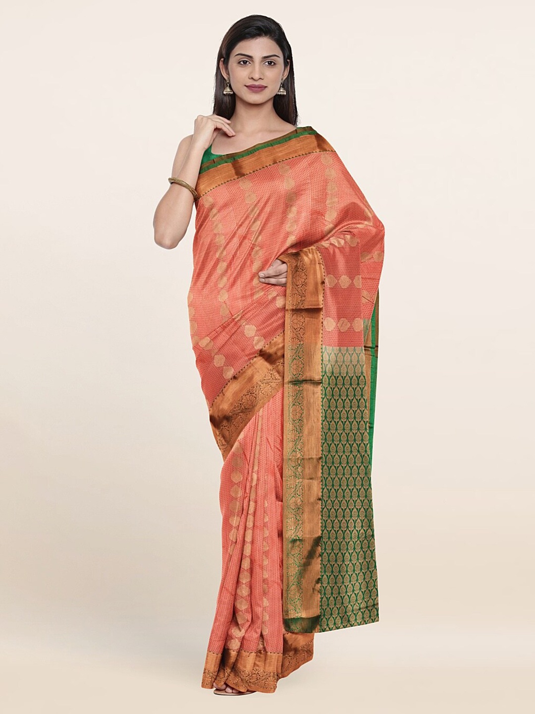 

Pothys Peach-Coloured & Green Woven Design Zari Pure Silk Saree
