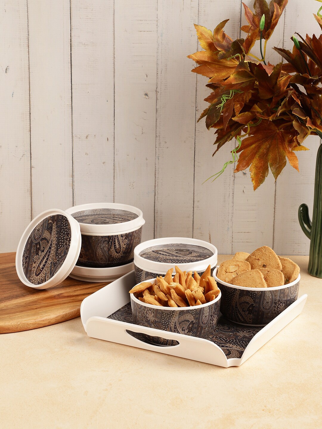 

Servewell Grey Set of 5 Dishwasher Safe Printed Melamine Airtight Serving Set