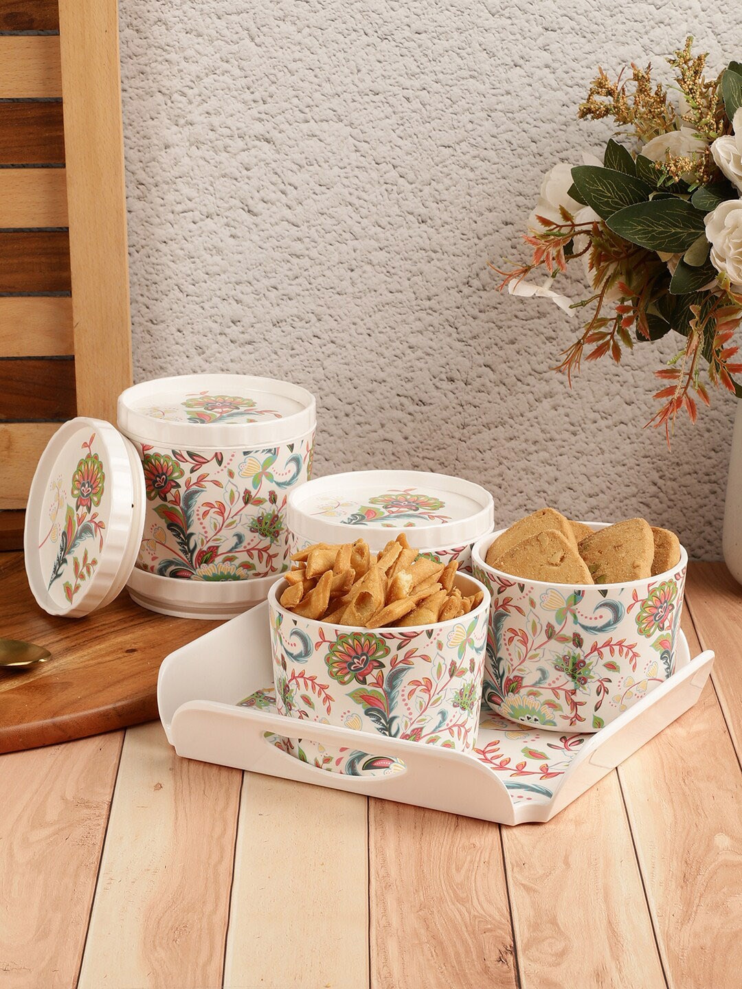 

Servewell Set Of 5 Dishwasher Safe Printed Airtight Melamine Serving Set, White