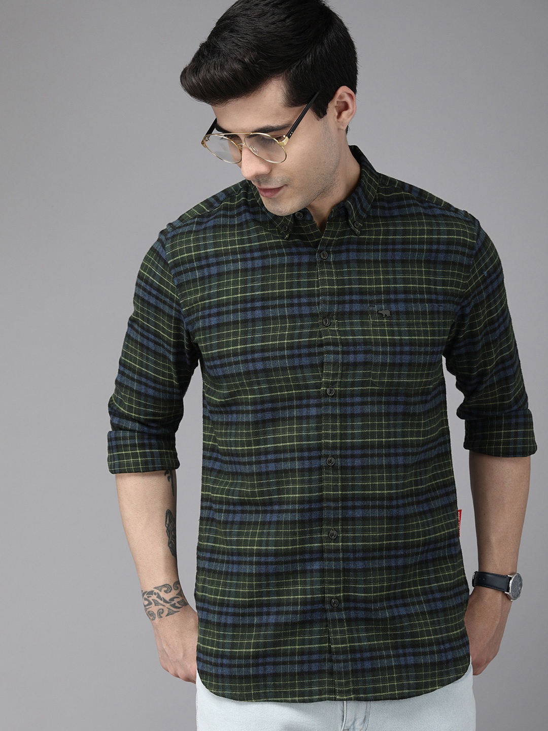 

THE BEAR HOUSE Men Green Slim Fit Tartan Checked Cotton Casual Shirt