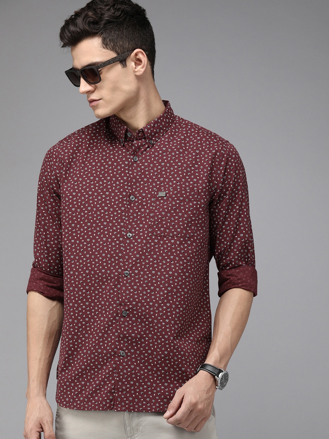 

THE BEAR HOUSE Men Slim Fit Floral Printed Cotton Casual Shirt, Maroon