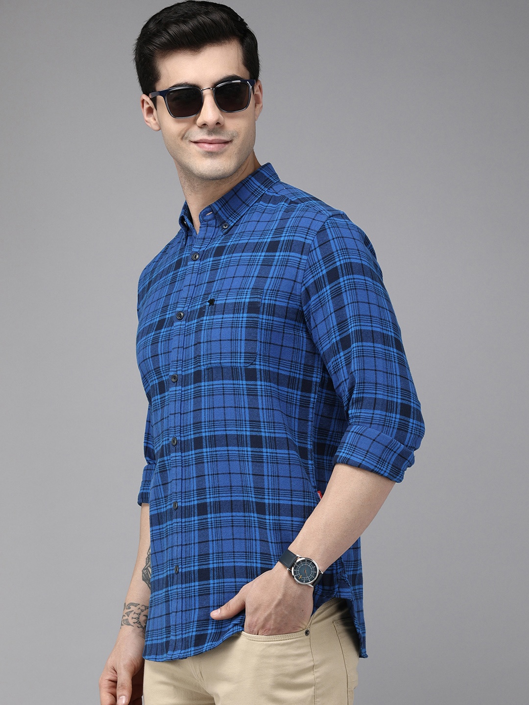 

THE BEAR HOUSE Men Slim Fit Tartan Checked Cotton Casual Shirt, Blue