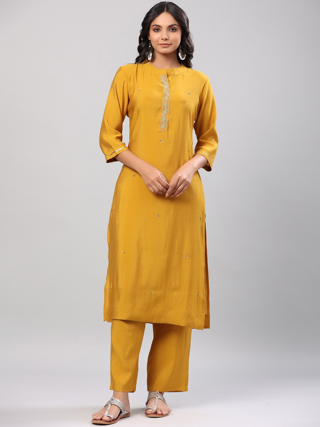 

Do Dhaage Women Mustard Yellow Embroidered Sequinned Kurta with Trousers & With Dupatta