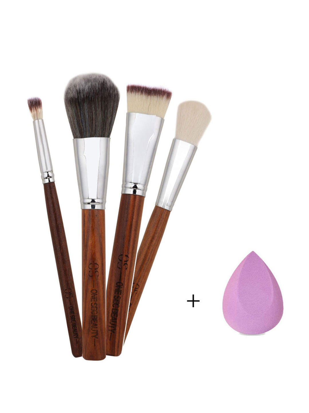 

One Sec Beauty Set of 4 Makeup Brush Set with Flat Ended Beauty Blender, Brown