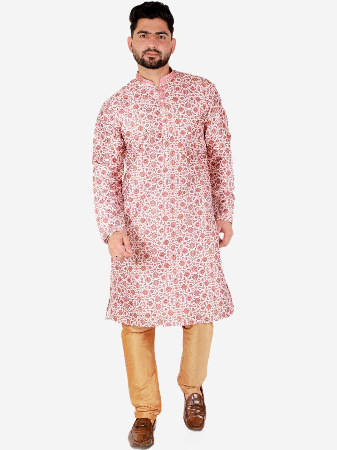 

Pro-Ethic STYLE DEVELOPER Men Peach-Coloured Floral Printed Pure Silk Kurta with Pyjamas