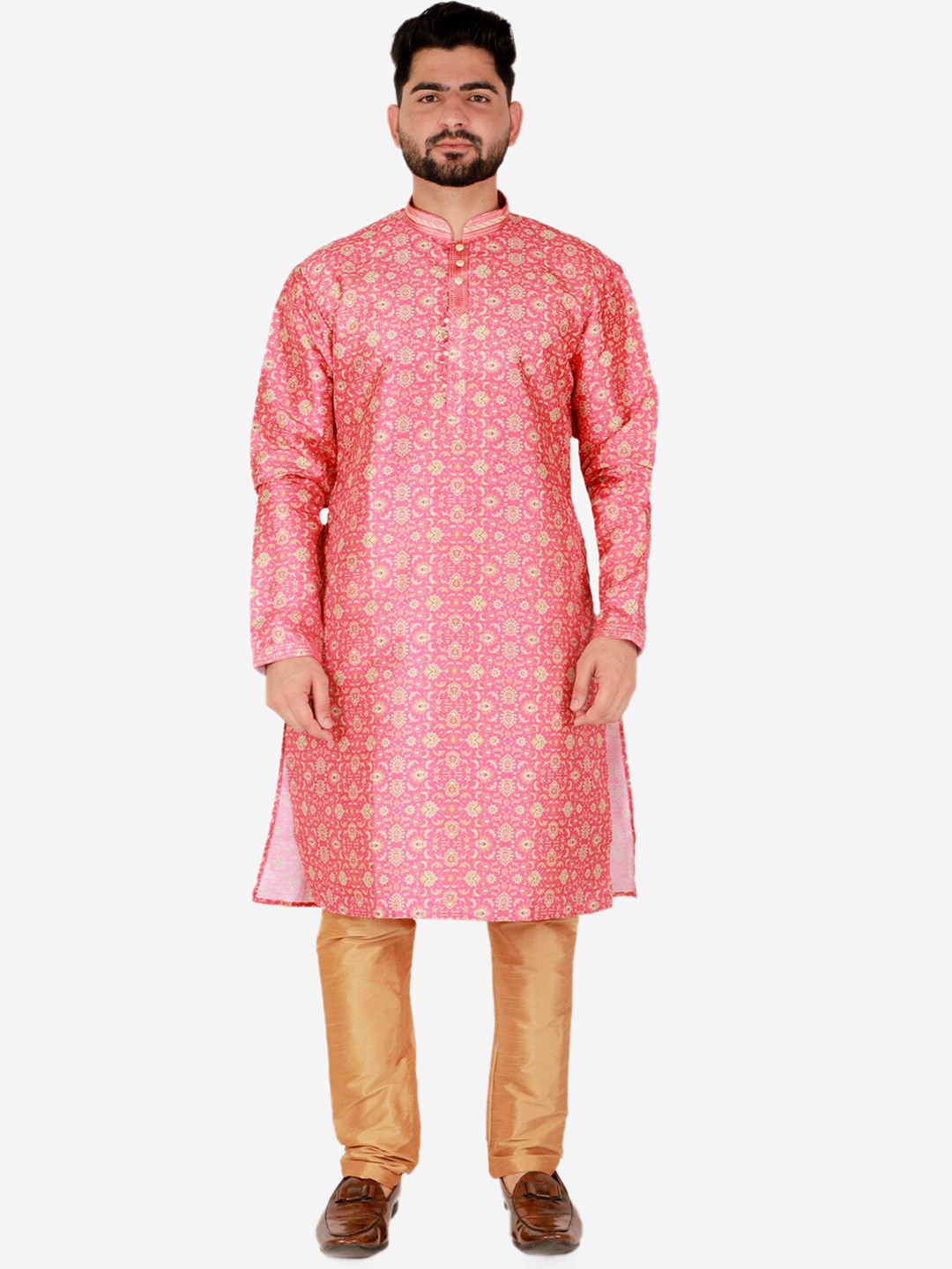 

Pro-Ethic STYLE DEVELOPER Men Pink Ethnic Motifs Printed Pure Silk Kurta with Pyjamas
