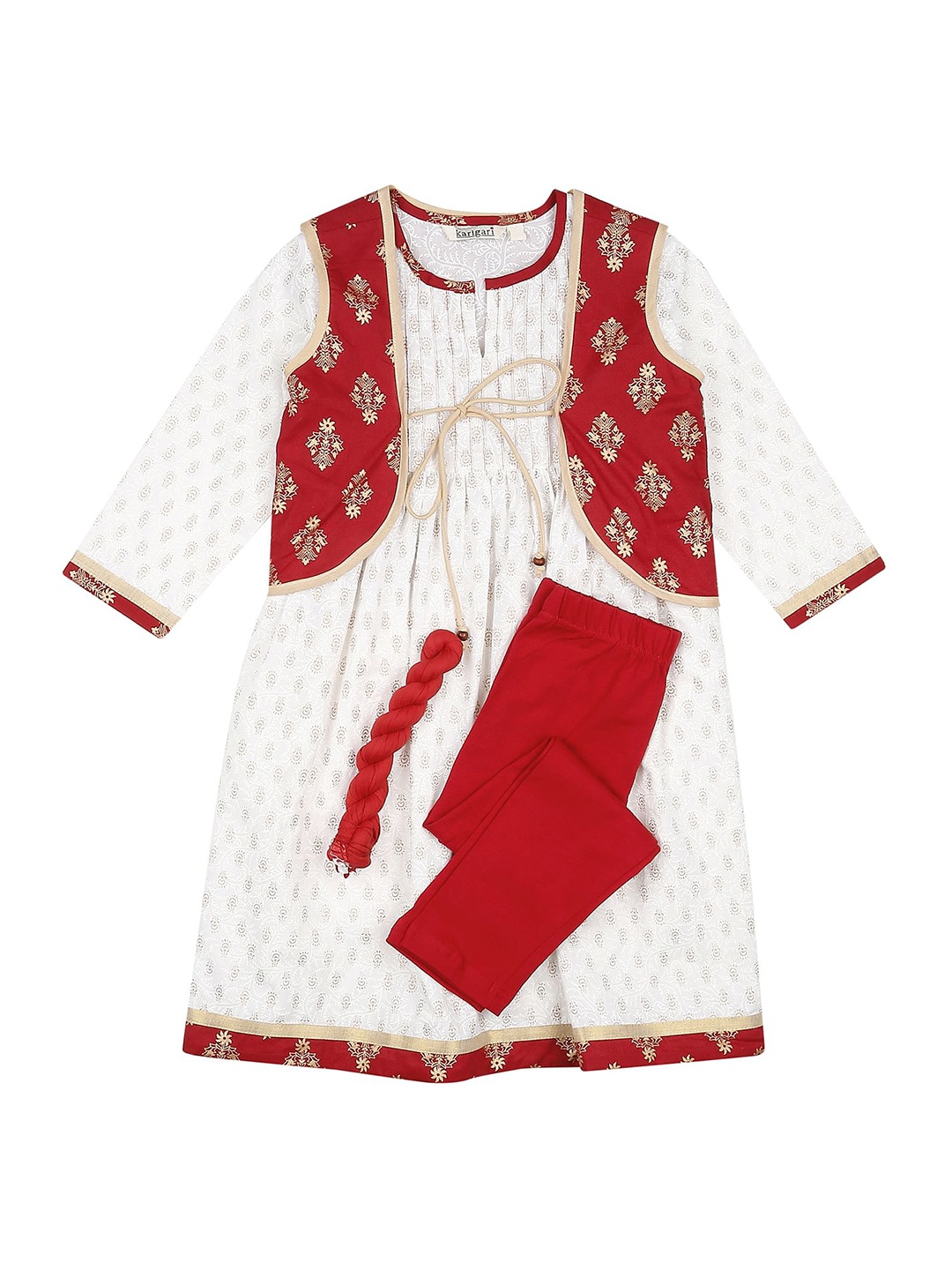 

Karigari Girls Assorted Printed Pure Cotton Kurta with Attached Waistcoat & Leggings
