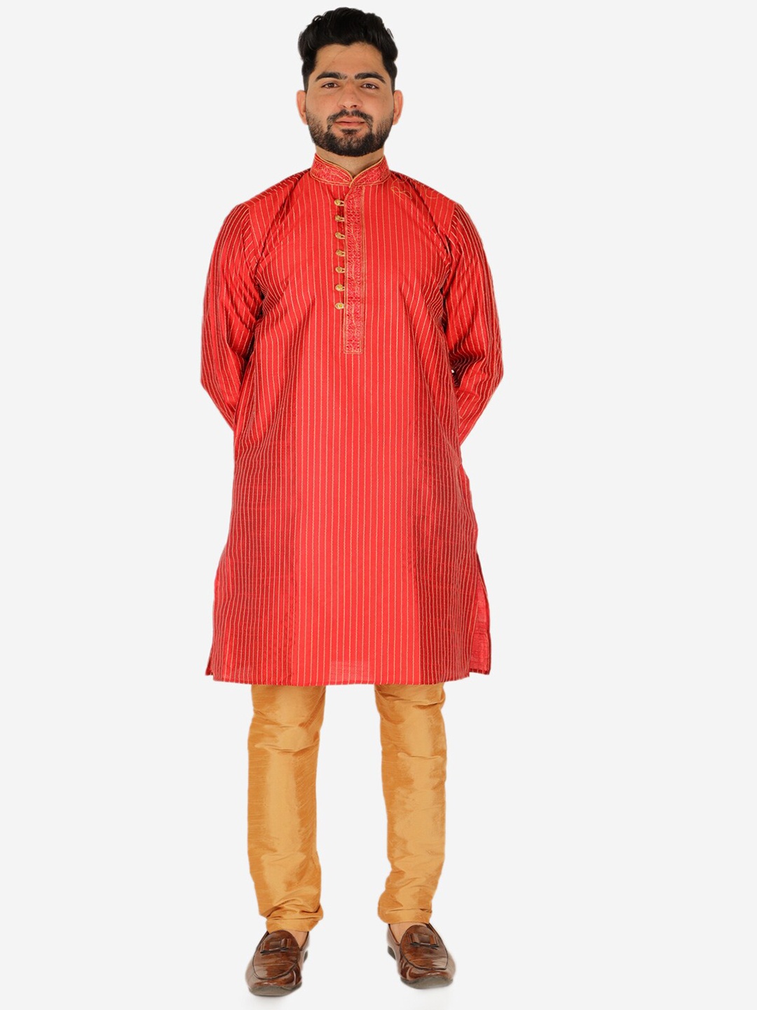 

Pro-Ethic STYLE DEVELOPER Men Maroon Striped Pure Silk Kurta with Pyjamas