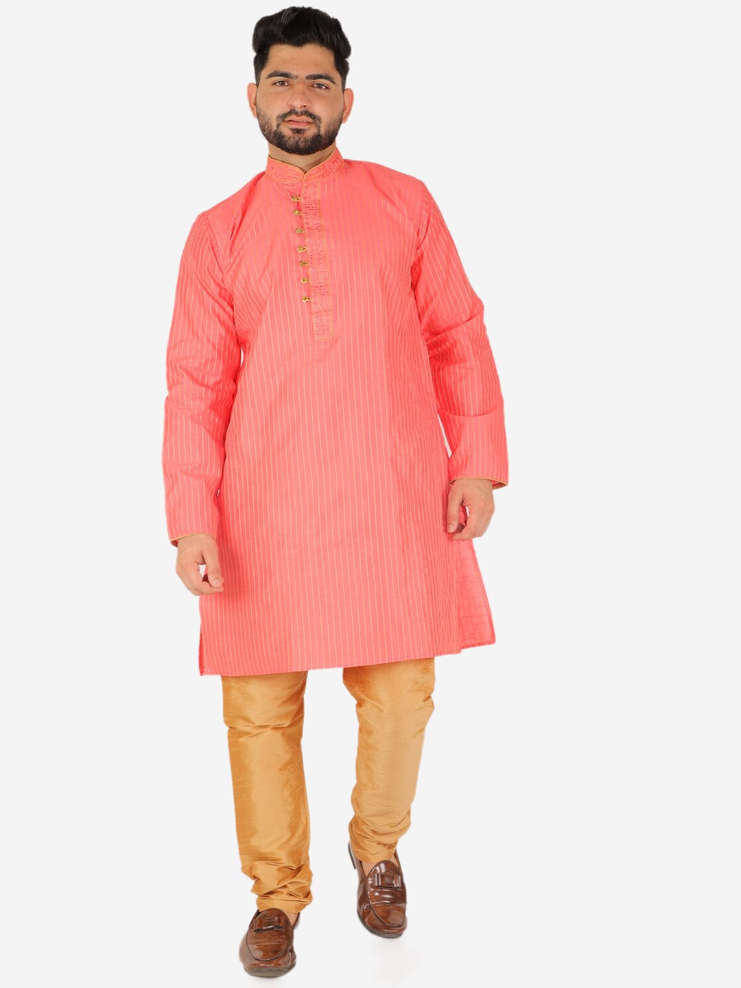 

Pro-Ethic STYLE DEVELOPER Men Pink Striped Pure Silk Kurta with Pyjamas