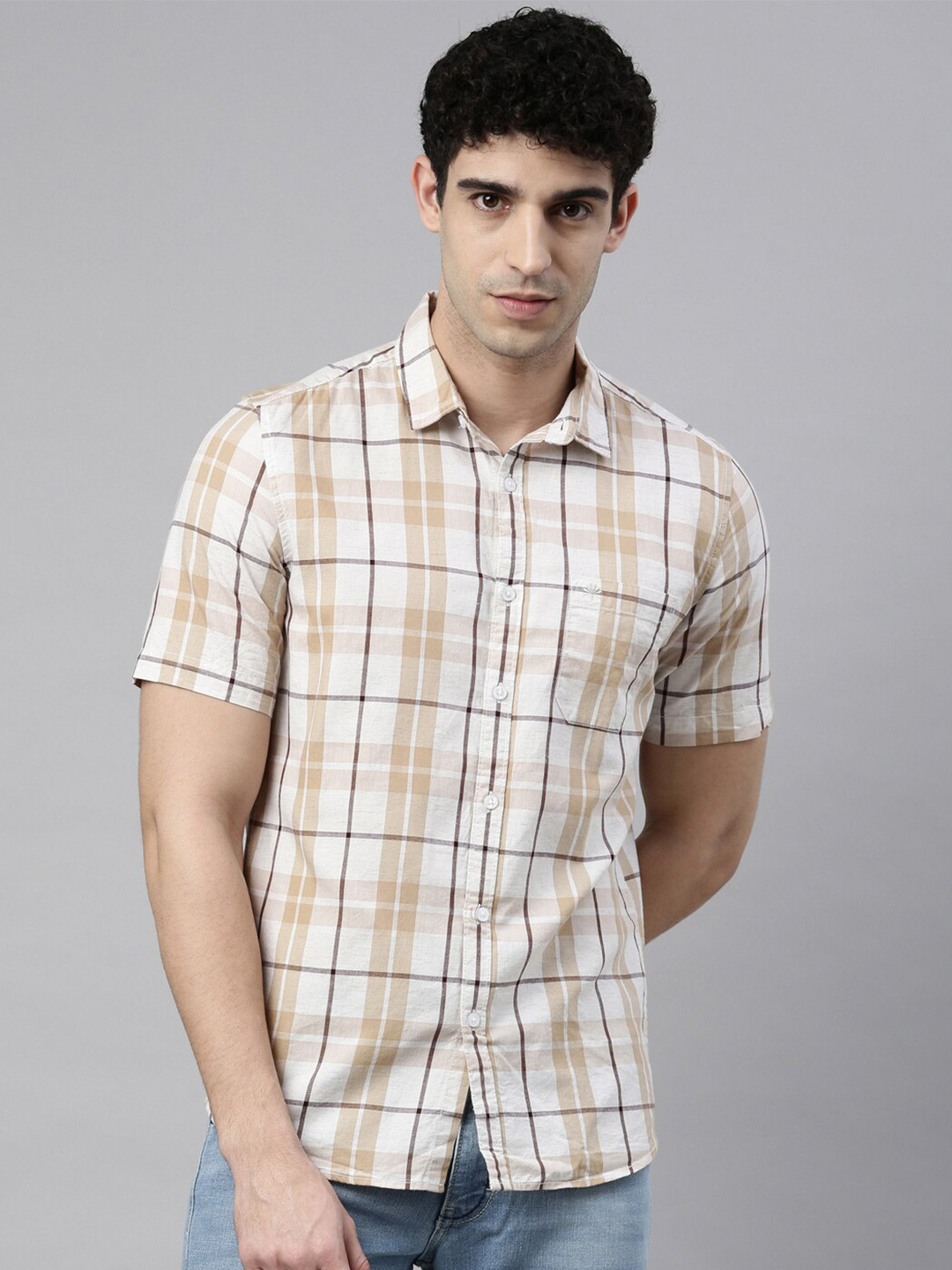 

Chennis Men Beige Slim Fit Tartan Checked Casual Shirt