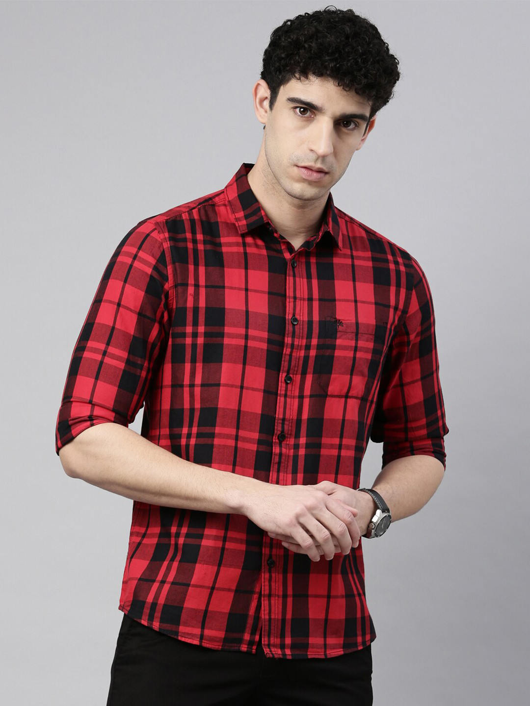 

Chennis Men Red Slim Fit Tartan Checked Casual Shirt