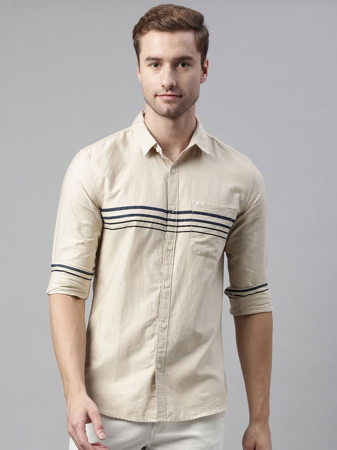 

Chennis Men Cream-Coloured Slim Fit Horizontal Stripes Striped Casual Shirt
