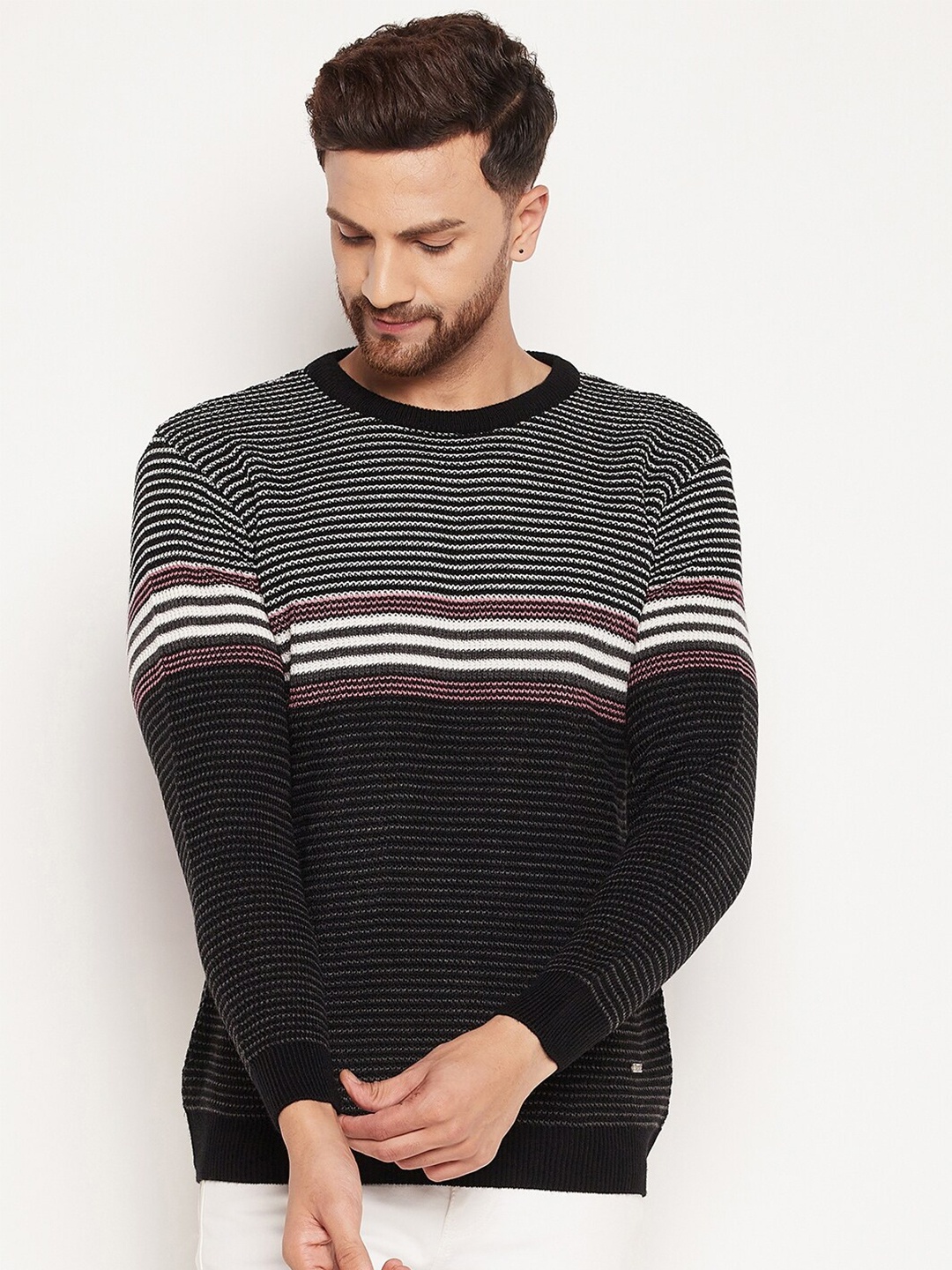 

Duke Men Black & Off White Striped Pullover