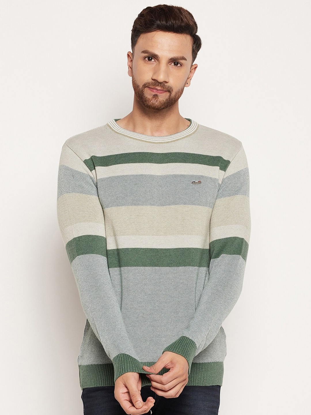 

Duke Men Green & Grey Striped Pullover