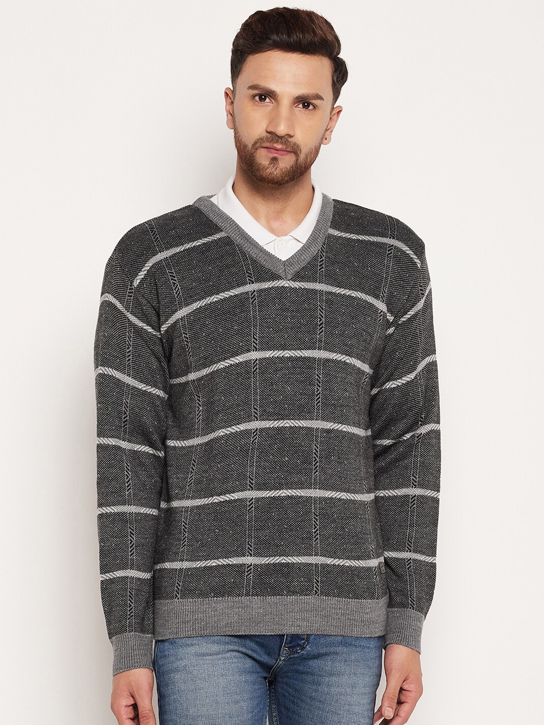 

Duke Men Grey & Off White Checked Pullover, Grey melange