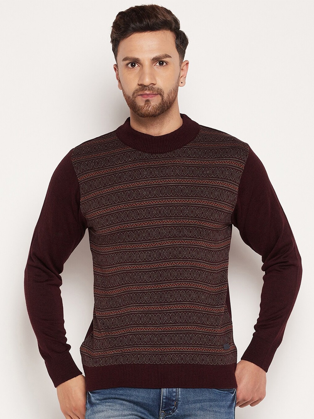 

Duke Men Maroon & Brown Striped Printed Pullover