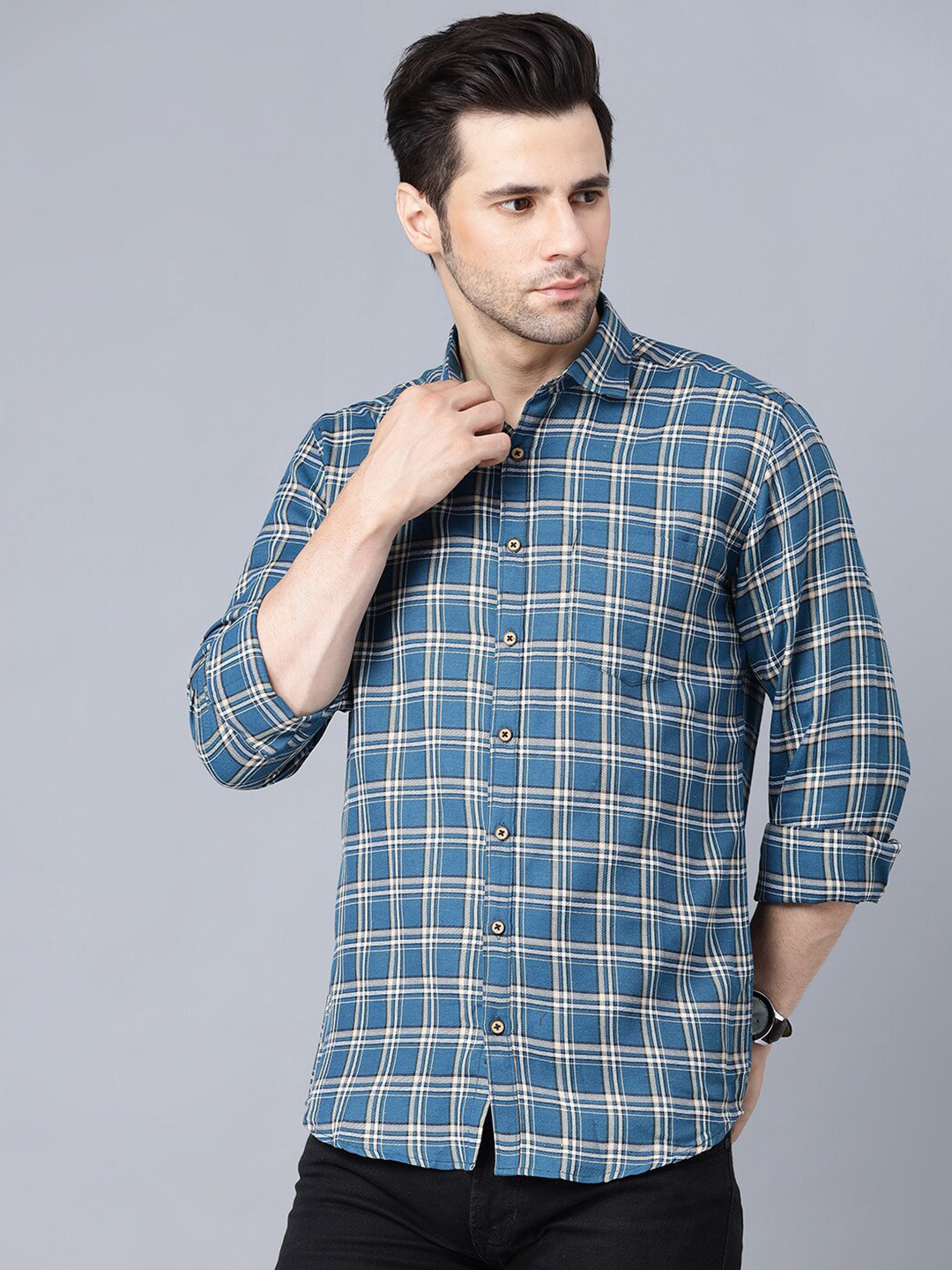 

MR KAMEEJ Men Blue Comfort Tartan Checked Casual Shirt