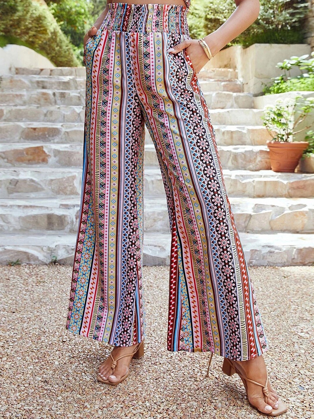 

Kotty Women Striped Relaxed High-Rise Easy Wash Trousers, Pink