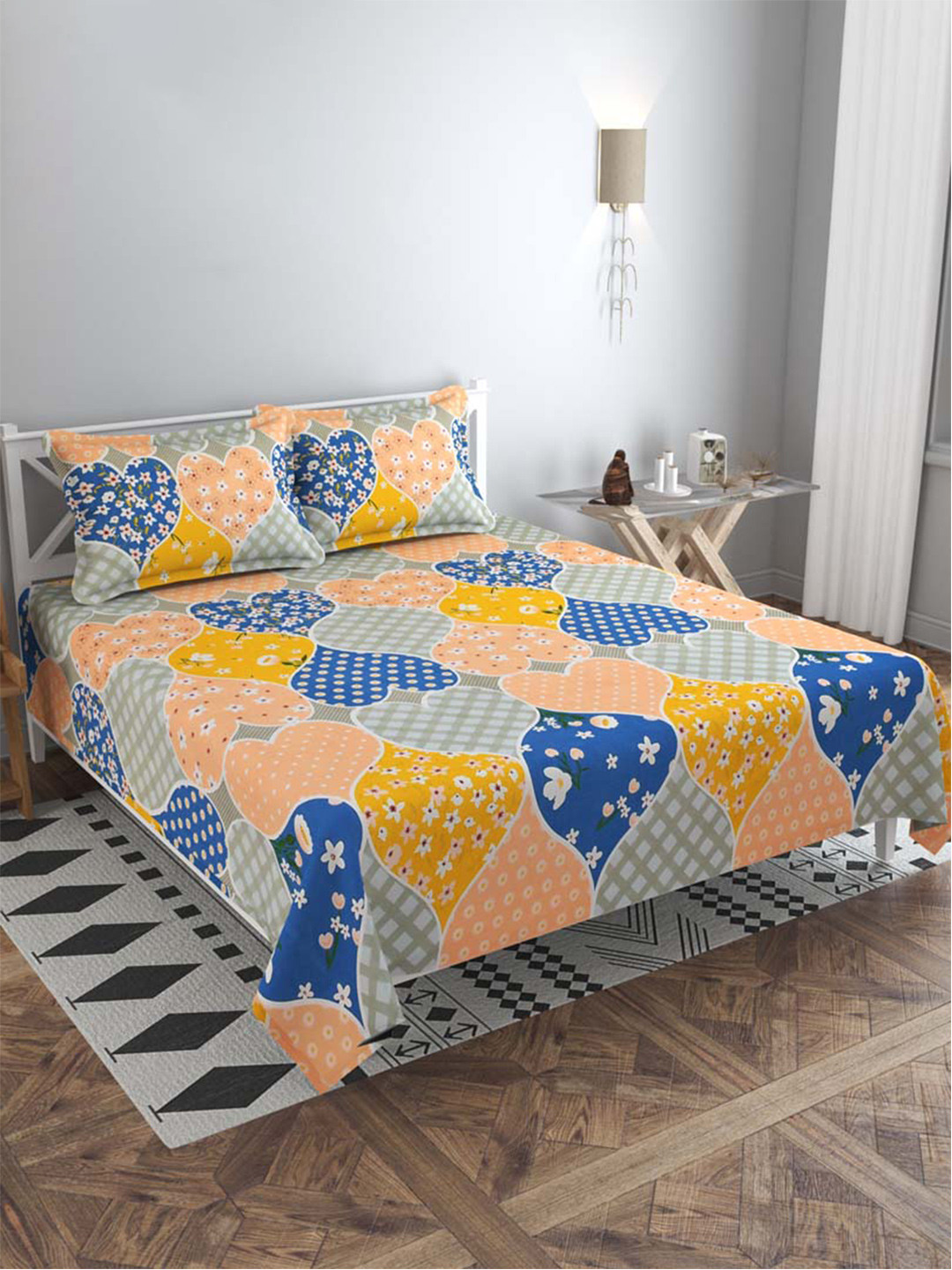 

Slushy Mushy White & Orange Floral 300 TC King Bedsheet with 2 Pillow Covers