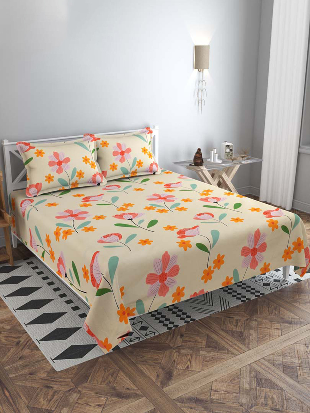 

Slushy Mushy Beige & Green Floral 300 TC King Bedsheet with 2 Pillow Covers