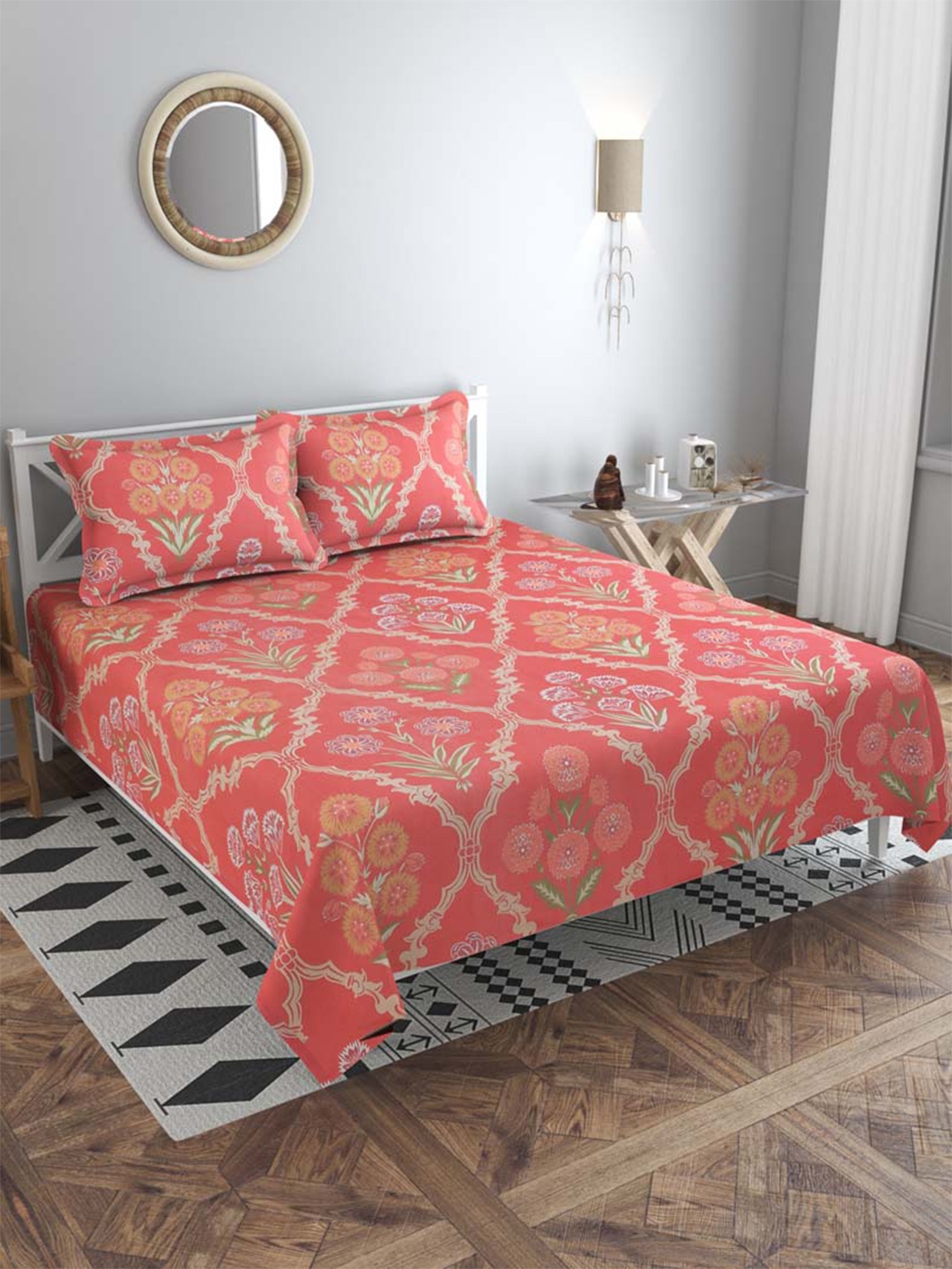 

Slushy Mushy Peach-Coloured & Beige Floral 300 TC King Bedsheet with 2 Pillow Covers