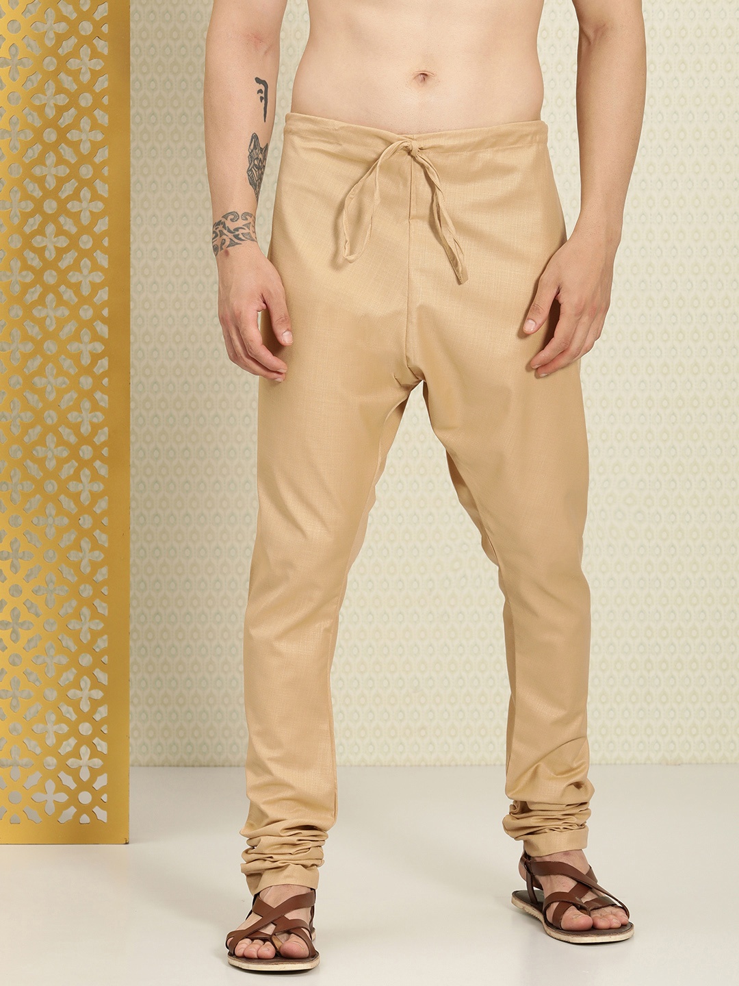 

House of Pataudi Men Solid Mid-Rise Straight Fit Rozana Churidar, Beige