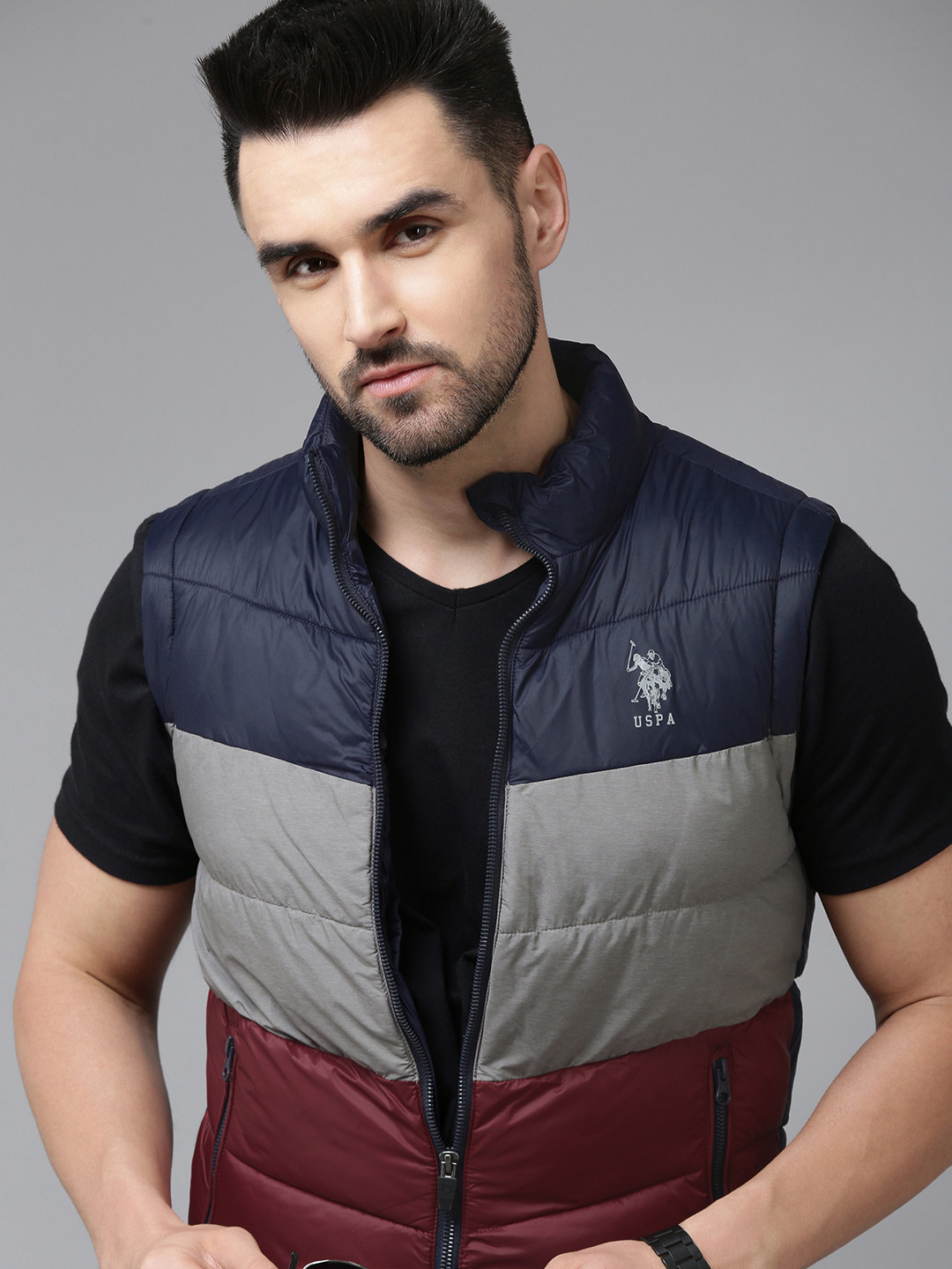 

U S Polo Assn Denim Co Men Navy Blue & Grey Colourblocked Padded Jacket