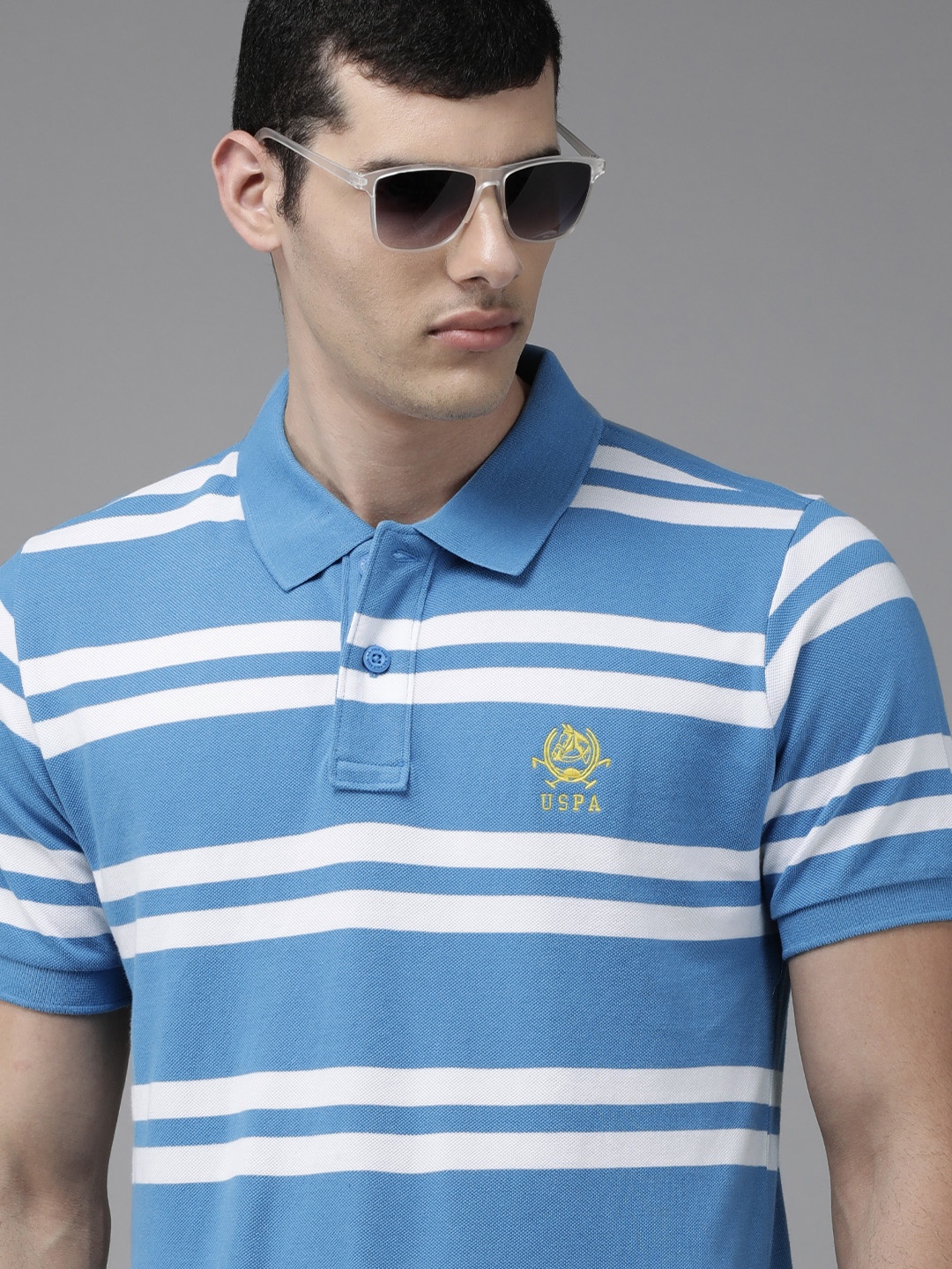 

U S Polo Assn Men Blue & White Striped Polo Collar Pure Cotton Slim Fit T-shirt