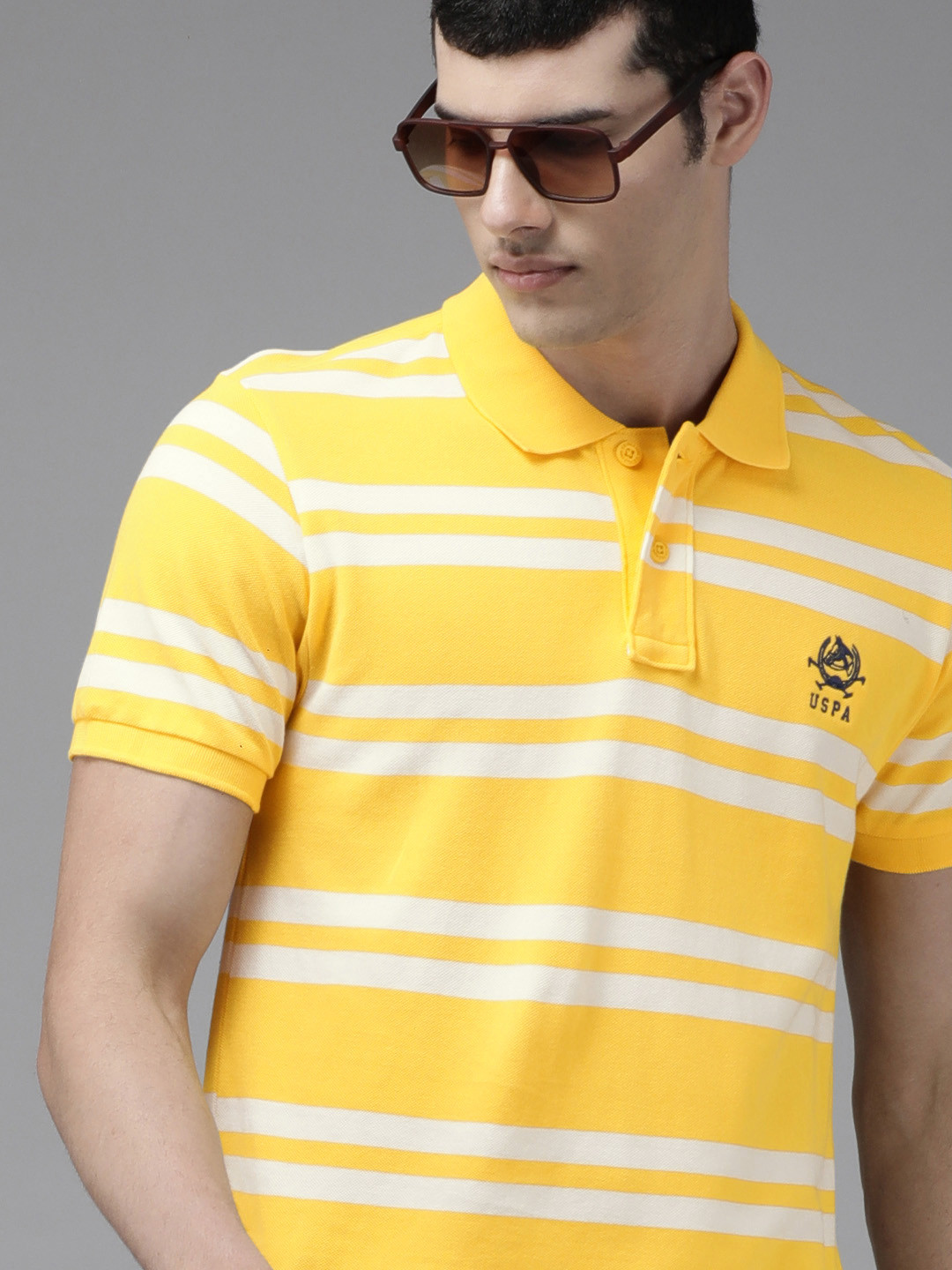 

U S Polo Assn Men Yellow Striped Polo Collar Slim Fit Pure Cotton T-shirt