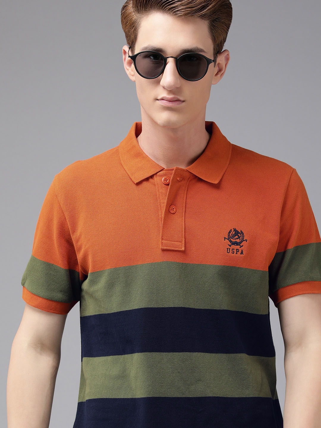 

U S Polo Assn Men Orange & Olive Green Striped Polo Collar Pure Cotton Slim Fit T-shirt