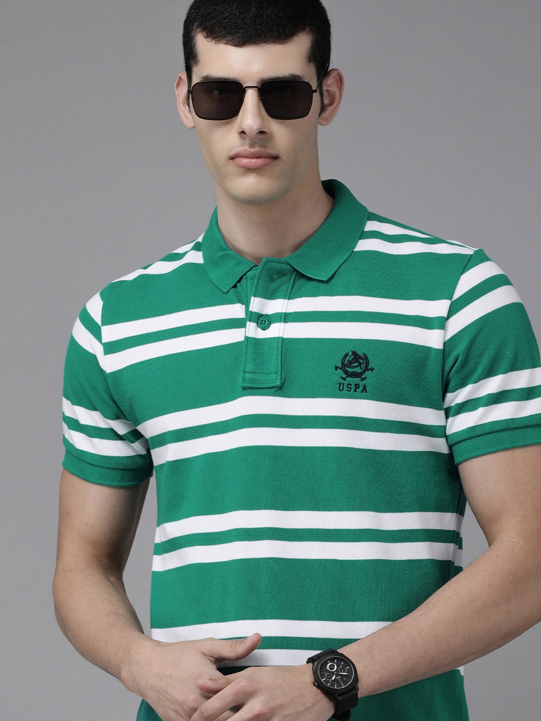 

U S Polo Assn Men Green & White Striped Polo Collar Pure Cotton Slim Fit T-shirt