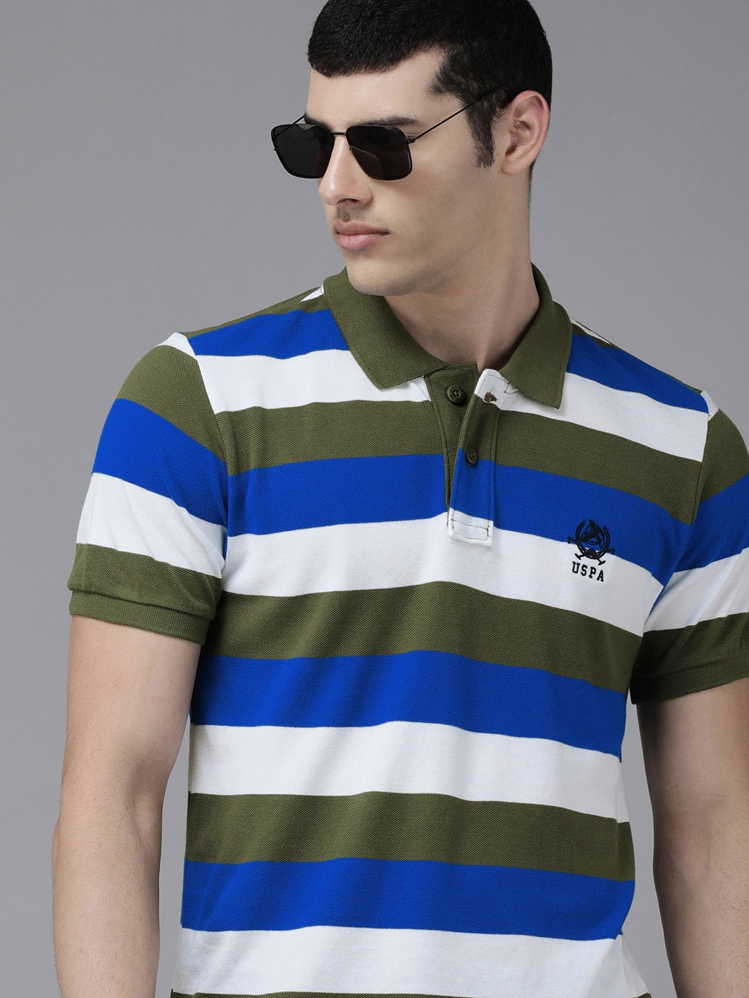 

U S Polo Assn Men Olive Green & Blue Striped Polo Collar Pure Cotton Slim Fit T-shirt