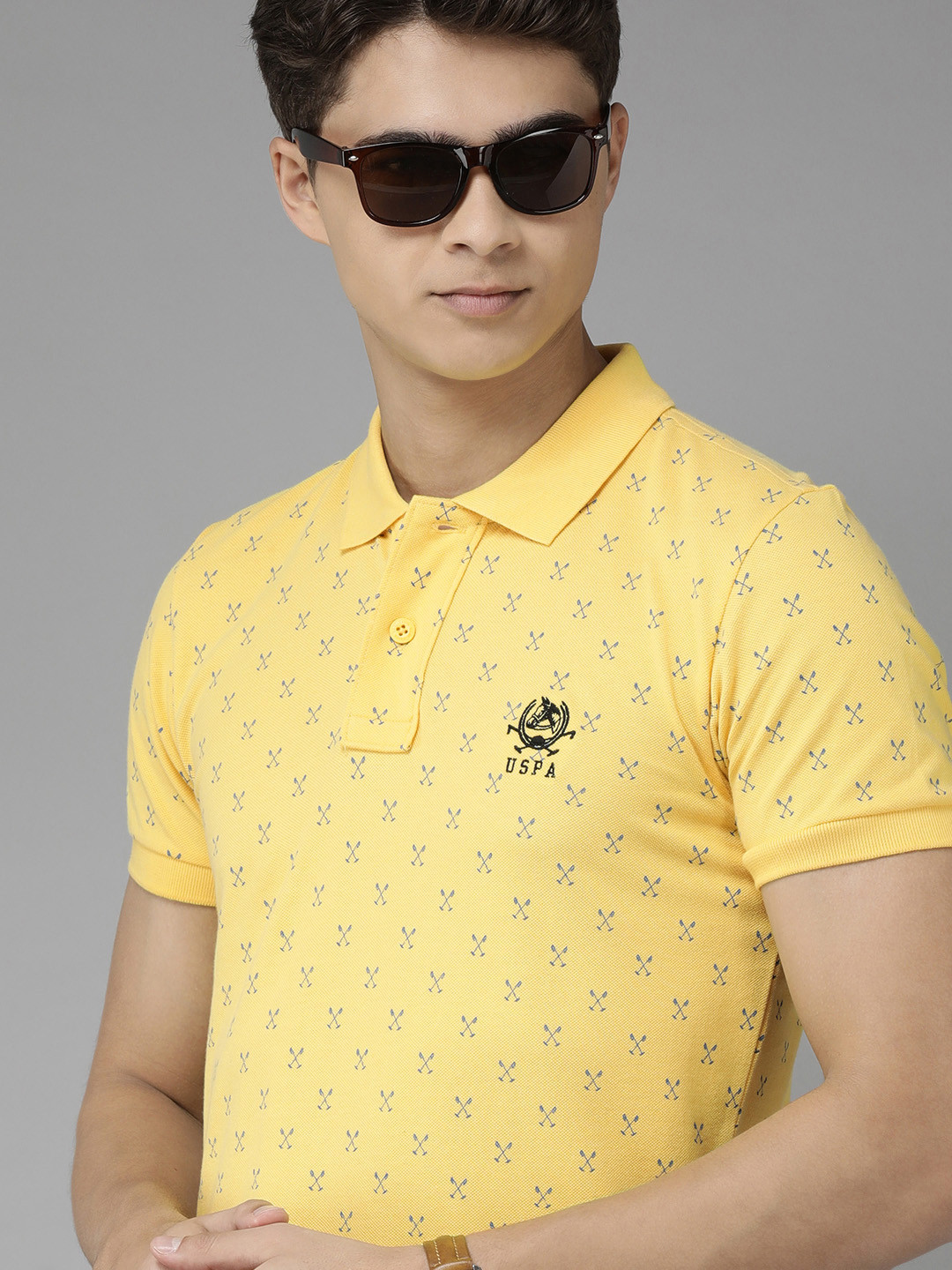

U.S. Polo Assn. Men Yellow Printed Polo Collar Slim Fit Pure Cotton T-shirt