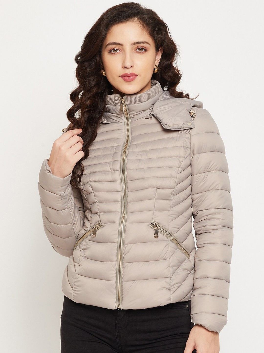 

Madame Women Beige Solid Hooded Padded Jacket