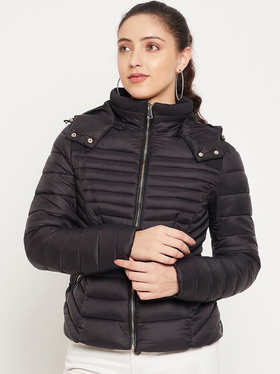 

Madame Women Black Solid Hooded Puffer Jacket