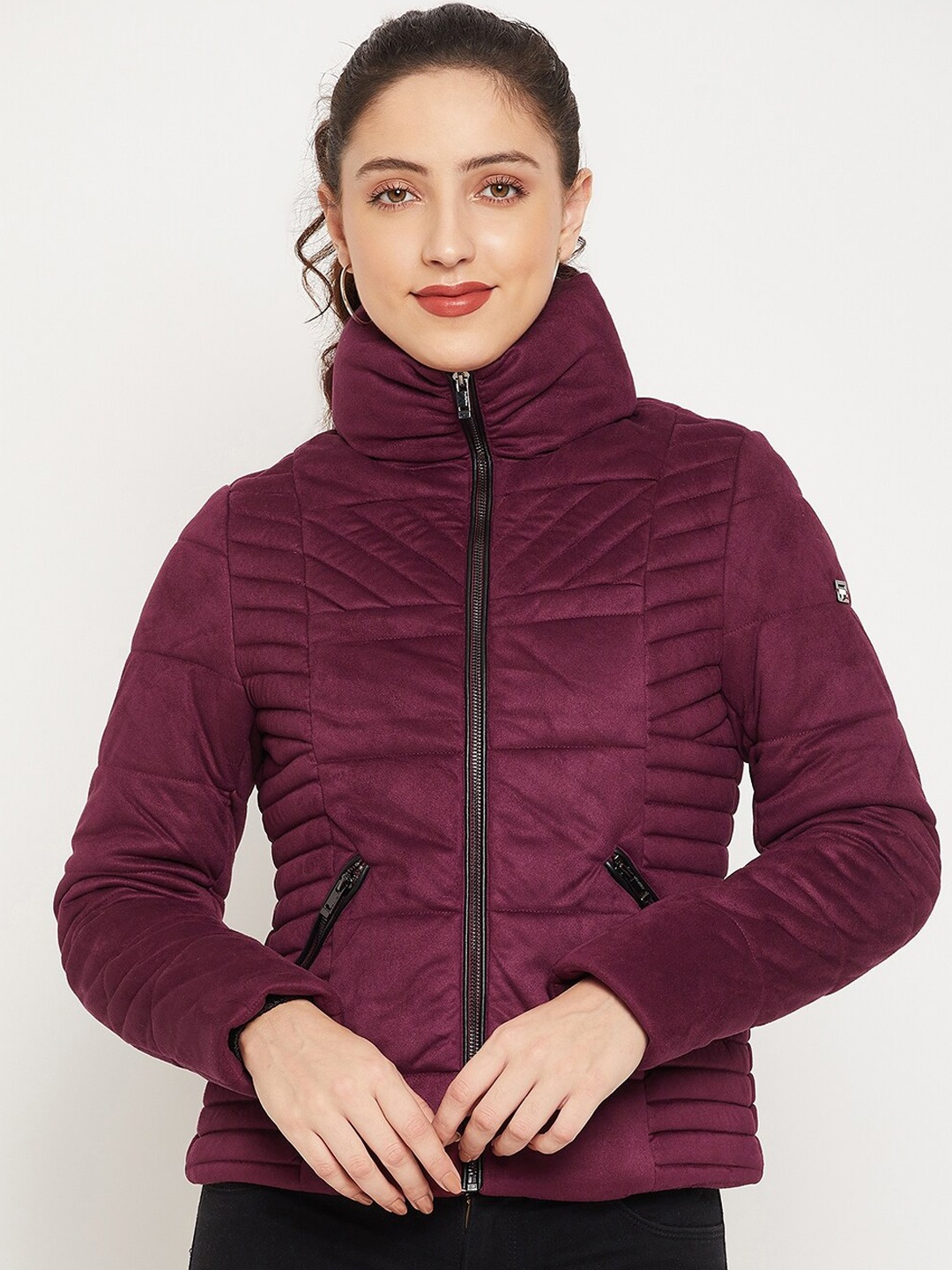 

Madame Women Maroon Solid Quilted Jacket