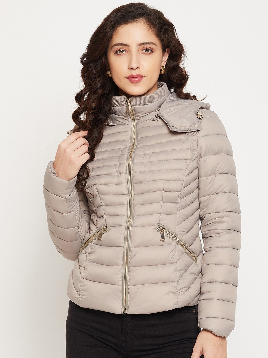 

Madame Women Beige Solid Hooded Puffer Jacket