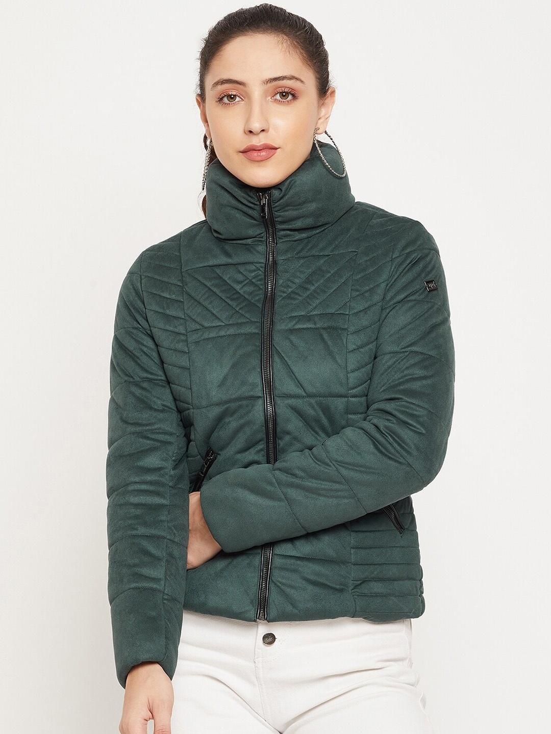 

Madame Women Green Solid Quilted Jacket