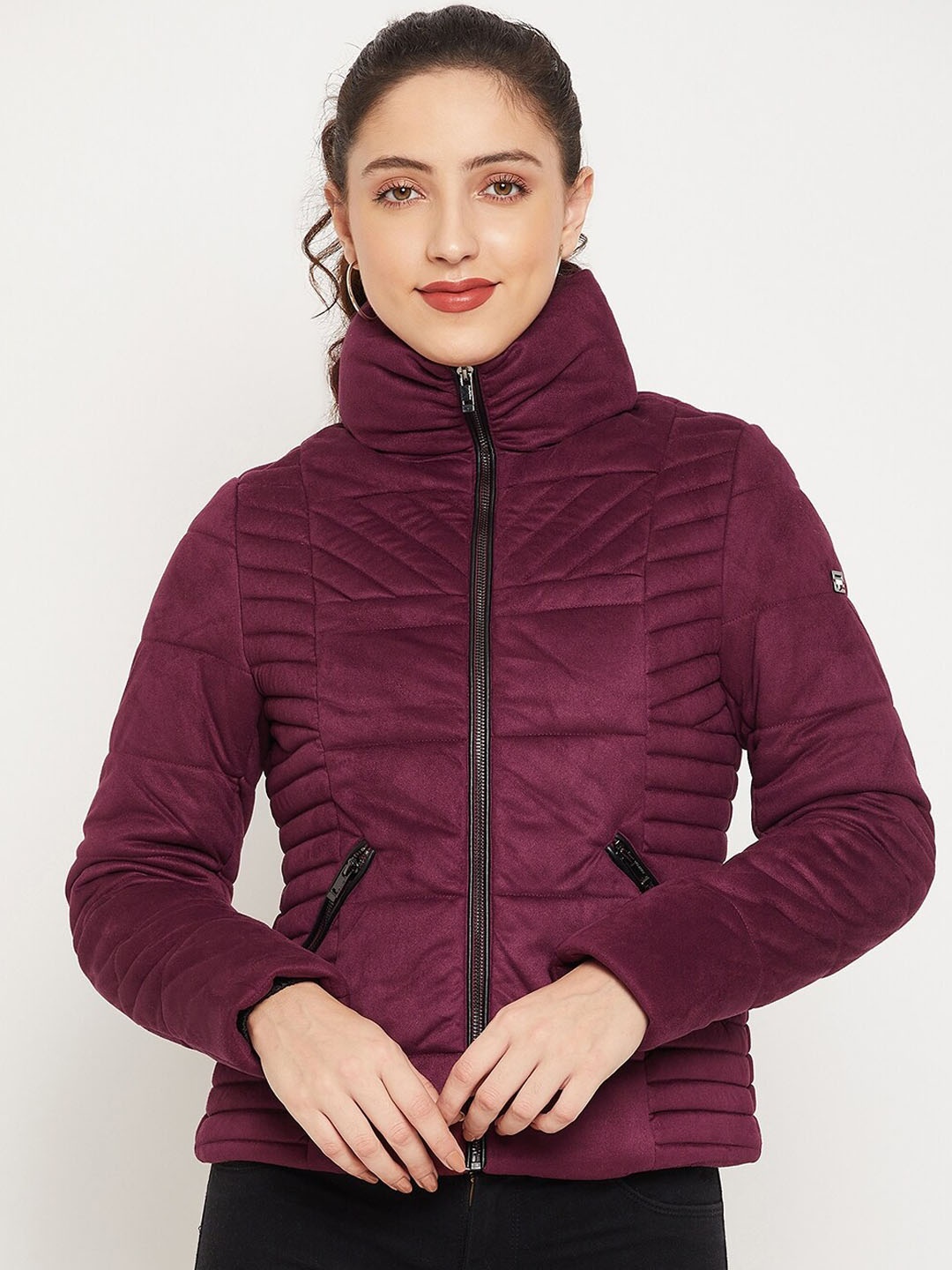 

Madame Women Maroon Solid Quilted Jacket