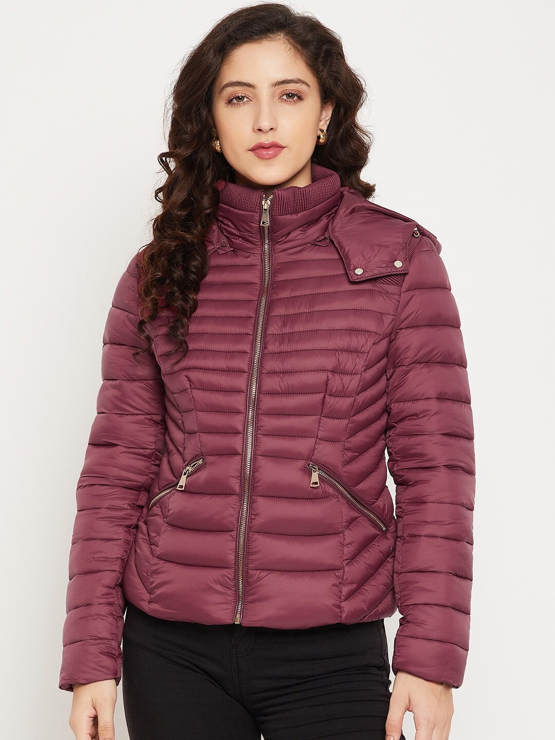 

Madame Women Maroon Solid Hooded Puffer Jacket